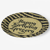 名前 |ハッピーバースデーシンプルストライプブラック/金ゴールド ペーパープレート (アングル)