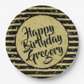 名前 |ハッピーバースデーシンプルストライプブラック/金ゴールド ペーパープレート (正面)