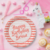 名前 |ハッピーバースデーシンプルストライプ模様サンゴ ペーパープレート (パーティー)