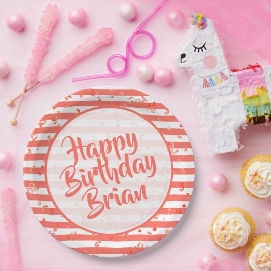 名前 |ハッピーバースデーシンプルストライプ模様サンゴ ペーパープレート (パーティー)