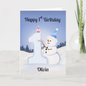 名前 ハッピー1歳の誕生日 雪だるまを作る1 カード (正面)