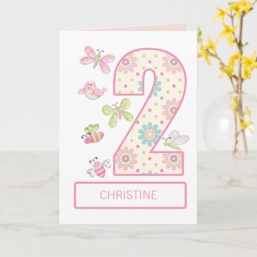 名前、バグと蝶と2番目の誕生日を追加 カード (黄色い花)