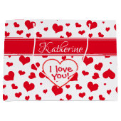 「名前」バレンタインデーの赤のランダムハートパターン ラージペーパーバッグ (正面)