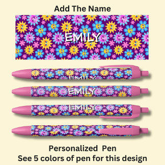 名前、ピンクと青の漫画の花の顔を追加 黒ボールペン