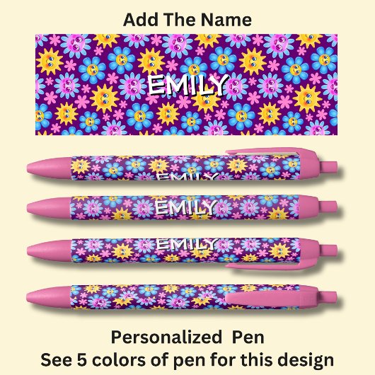 名前、ピンクと青の漫画の花の顔を追加 黒ボールペン