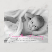 名前 |ピンクのスクリプトフォト誕生のお知らせ 案内ポストカード (正面)