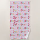 名前、ピンクの妖精、杖と青の翼を追加 ビーチタオル (正面)