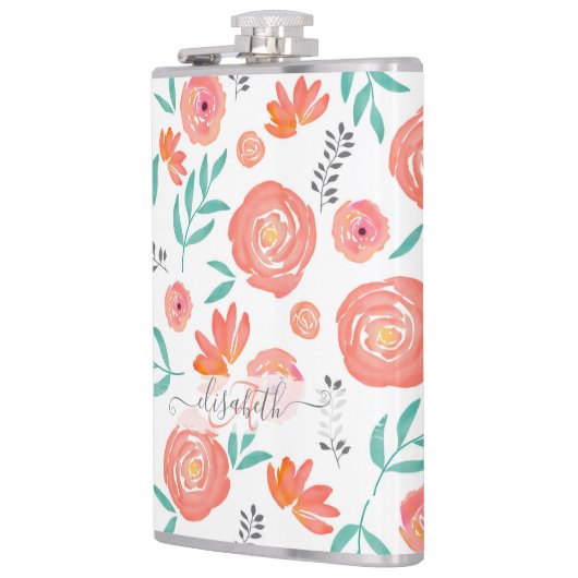 名前+ピンクサンゴの水彩花模様を追加 フラスク (左)