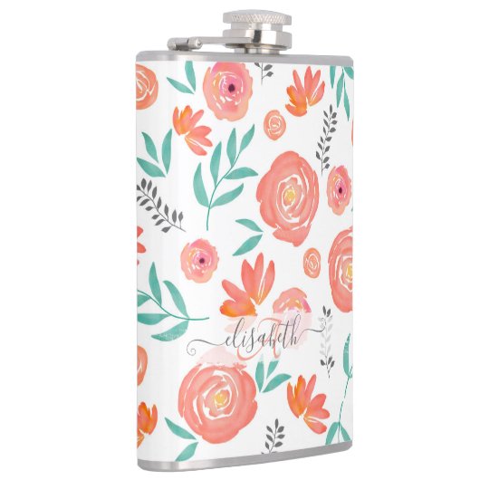 名前+ピンクサンゴの水彩花模様を追加 フラスク (右)