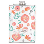 名前+ピンクサンゴの水彩花模様を追加 フラスク (正面)