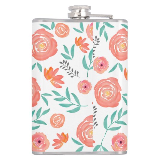 名前+ピンクサンゴの水彩花模様を追加 フラスク (裏面)