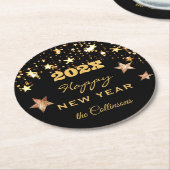 名前、ブラック&金ゴールド「Happy New Year」 ラウンドペーパーコースター (アングル)