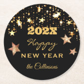 名前、ブラック&金ゴールド「Happy New Year」 ラウンドペーパーコースター (正面)