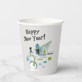 名前、ミッドセンチュリー雪だるまハッピーニューイヤー、8oz 紙コップ (正面)