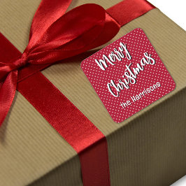 名前、メリークリスマスレッド&ホワイト水玉模様 スクエアシール