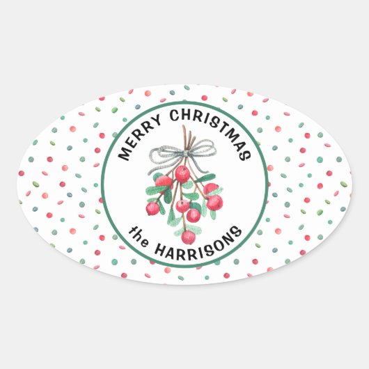 名前、メリークリスマス、ヤドリギのキャンディーパターン 楕円形シール (正面)