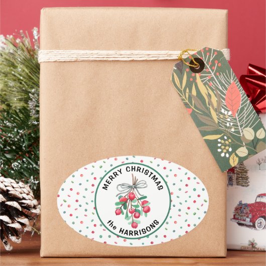 名前、メリークリスマス、ヤドリギのキャンディーパターン 楕円形シール (クリスマス)