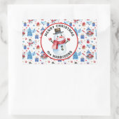 名前、メリークリスマス、レトロ雪だるまパターン 長方形シール (バッグ)