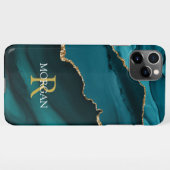 名前&モノグラム、ティール（緑がかった色）ブラックアゲート、金ゴールドホワイト文字 iPhoneケース (裏面横)