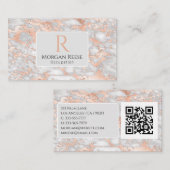 名前&モノグラム、QRコード、グレー&バラ金ゴールド大理石 名刺 (正面/裏面)