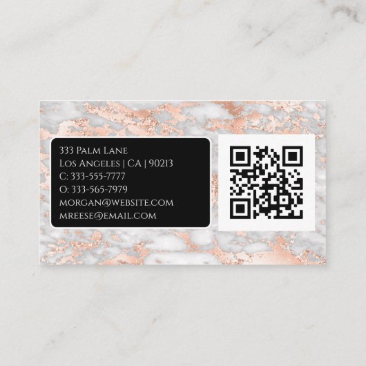名前/モノグラム、QRコード、グレー/バラ金ゴールド大理石、Vs3 名刺 (裏面)