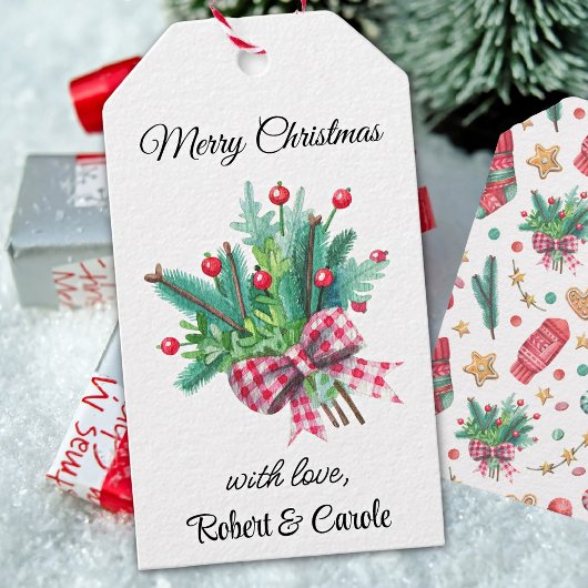 名前、モミの枝レッドベリーのクリスマスギフトタグ ギフトタグ