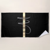 名前&ラージモノグラム、ダークグレーブラック金ゴールド ビーチタオル (正面)
