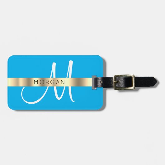 名前&ラージモノグラム、ホワイトスカイ、ダークブルー金ゴールド ラゲッジタグ (正面横)