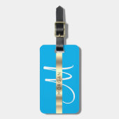 名前&ラージモノグラム、ホワイトスカイ、ダークブルー金ゴールド ラゲッジタグ (正面縦)