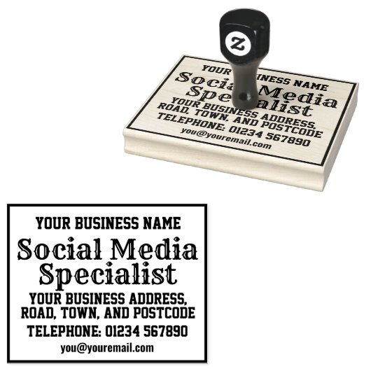 名前、住所などが記載されたソーシャルメディアスペシャリスト ラバースタンプ (押印)