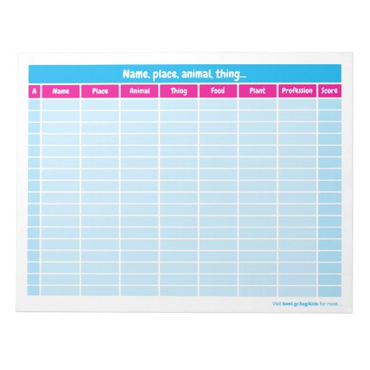 名前，場所，動物，物の言葉ゲーム ノートパッド (正面)