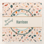 名前、小カラフルチップMosaic Terrazzo Pattern ガラスコースター (正面)