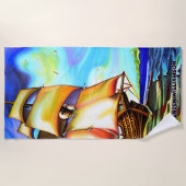 名前、帆船海海、青を追加 ビーチタオル (正面)