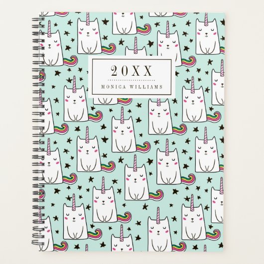 名前/年の追加 |かわいい手描きユニコーンの猫 プランナー手帳 (正面)