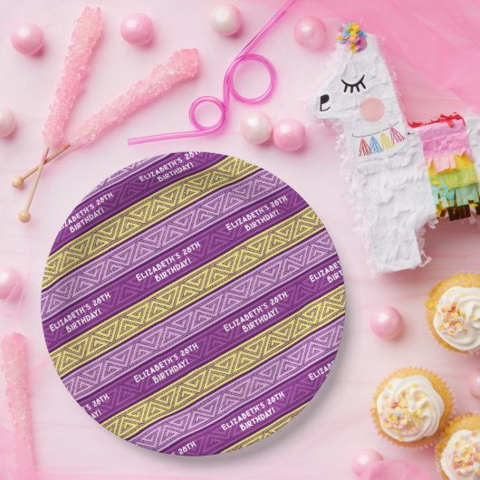 名前&年齢バースデーパーティーケルトストライプク紫 ペーパープレート (パーティー)