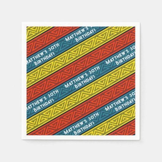 名前&年齢バースデーパーティーケルトストライプティック赤ブルー スタンダードカクテルナプキン (正面)