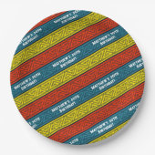 名前&年齢バースデーパーティーケルトストライプティック赤ブルー ペーパープレート (正面)