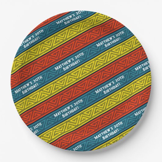 名前&年齢バースデーパーティーケルトストライプティック赤ブルー ペーパープレート (正面)