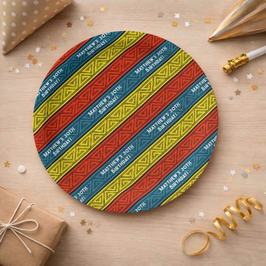 名前&年齢バースデーパーティーケルトストライプティック赤ブルー ペーパープレート