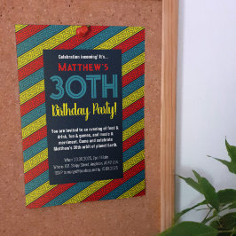 名前&年齢バースデーパーティーケルトストライプティック赤ブルー 招待状