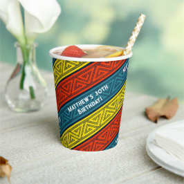 名前&年齢バースデーパーティーケルトストライプティック赤ブルー 紙コップ