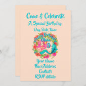 名前 年齢 ピンク マーメイド 青い尾 誕生日パーティーに追加 招待状 (正面/裏面)