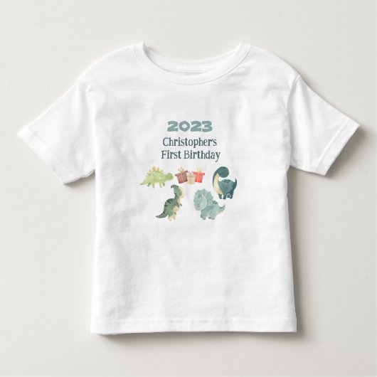 名前 年 初誕生日 かわいい恐竜 トドラーTシャツ (正面)