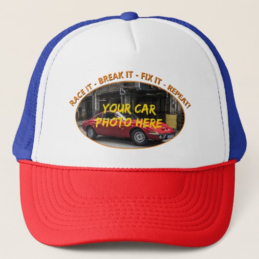 名前、彼の車の写真、文字、レースITを追加 – BREAK IT キャップ (正面)