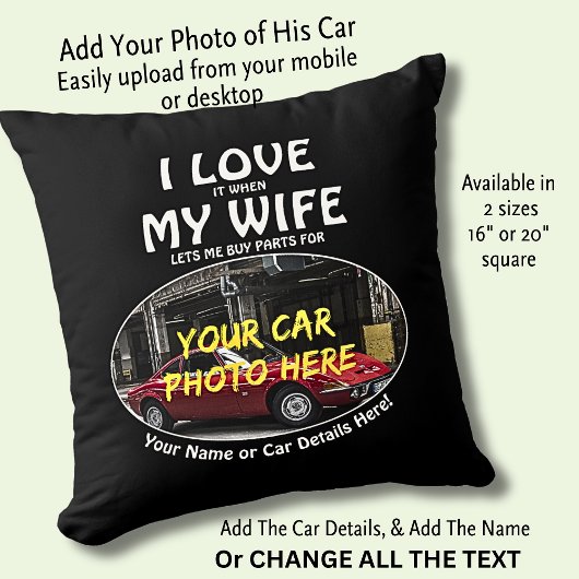 名前、彼の車の写真、文字、私は私の妻が大好き クッション