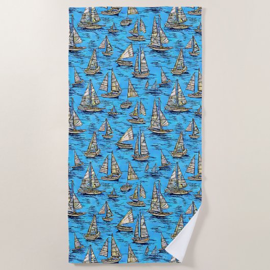 名前、抽象芸術セーリングボートを青い海に追加 ビーチタオル (正面)