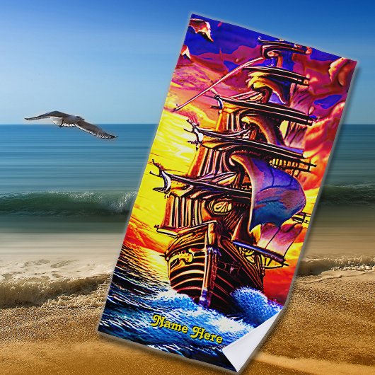名前、様式化された茶色の海賊帆船を追加 ビーチタオル
