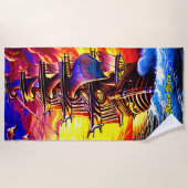 名前、様式化された茶色の海賊帆船を追加 ビーチタオル (正面)