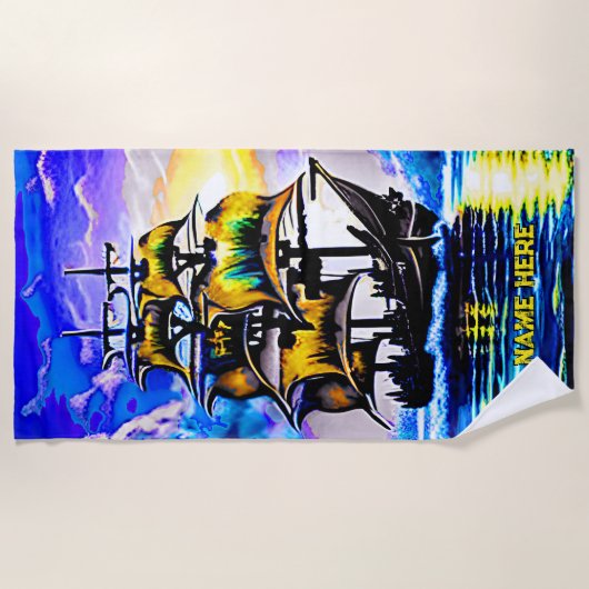 名前、様式化された茶色の海賊帆船ブルーを追加 ビーチタオル (正面)