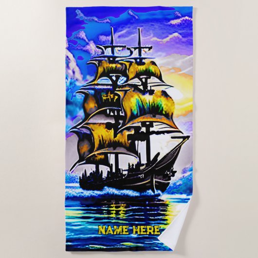 名前、様式化された茶色の海賊帆船ブルーを追加 ビーチタオル (正面)